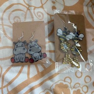 🛍️ NEW! 🛍️  Handmade Dangle Earrings! 🐝 Bee w/ Honeycomb and Hippo Designs